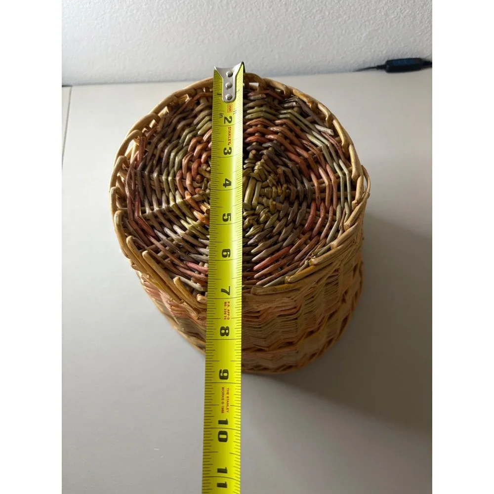 VTG Woven Wicker Basket Tapered Boho Wastebasket Pink Green Tan 11x11 Boho